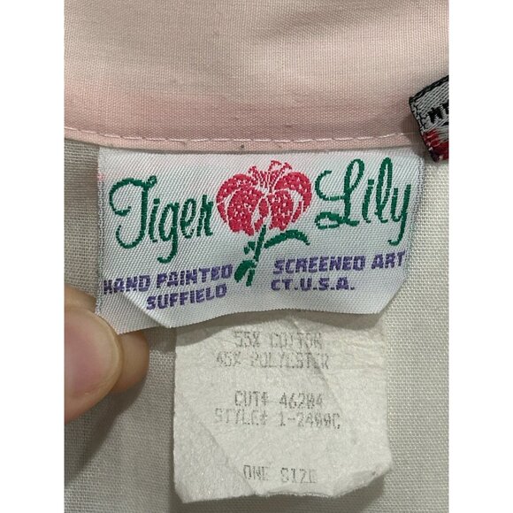 Vintage Tiger Lily Beach Scene Button-Down Womens Shirt Cream White Pink Collar - Picture 6 of 9